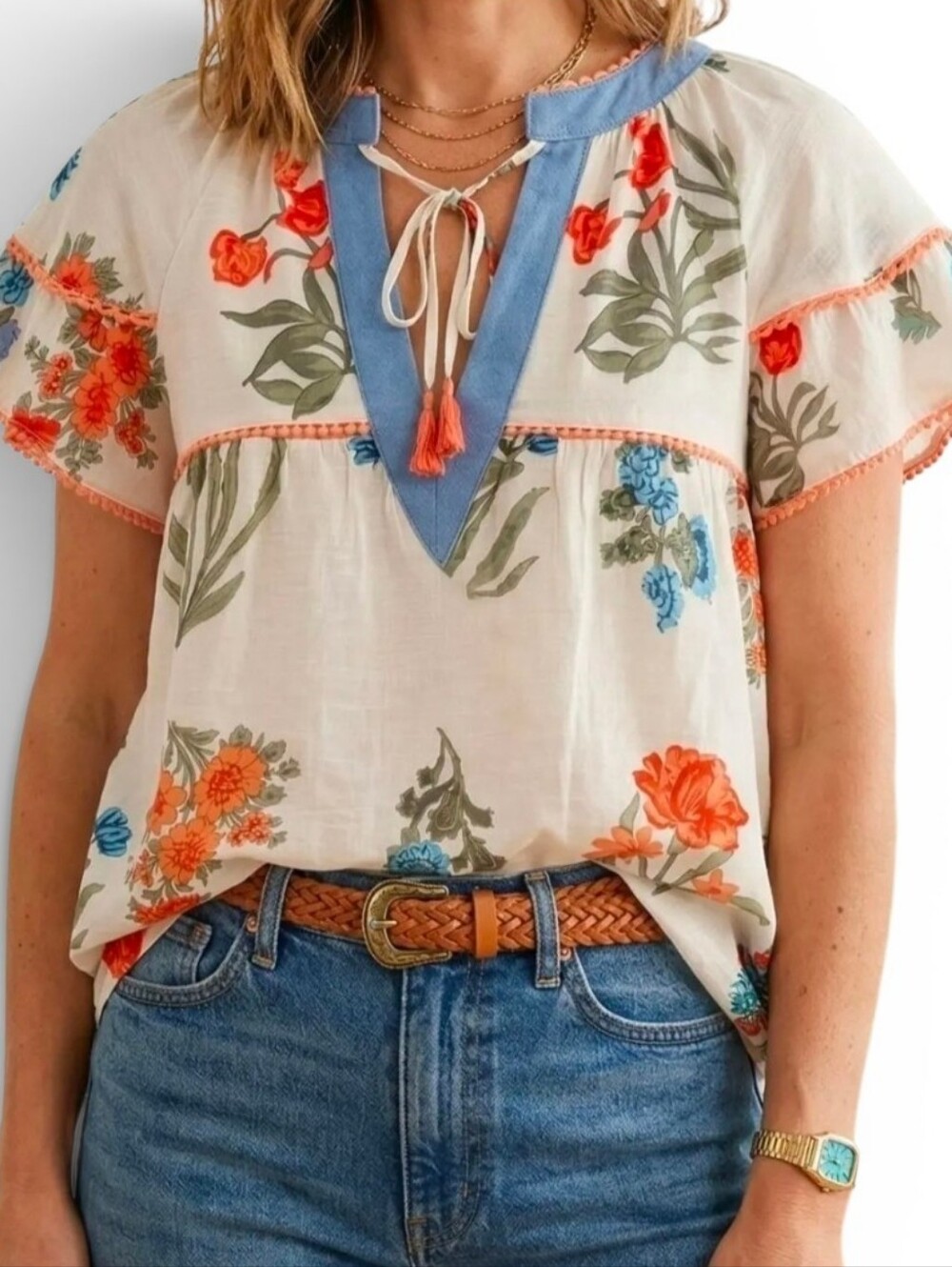 THML X ANTHROPOLOGIE Floral Tie Neck Flutter Sleeve Blouse - XS - Picture 1 of 7